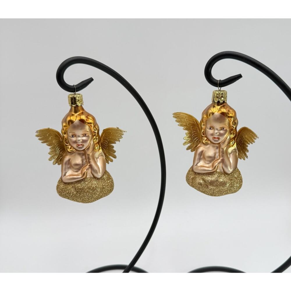 2- Angel Christmas Ornament Glass 4" X 4" Foil Wings Hanging Vintage W Germany